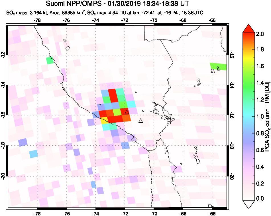 A sulfur dioxide image over Peru on Jan 30, 2019.