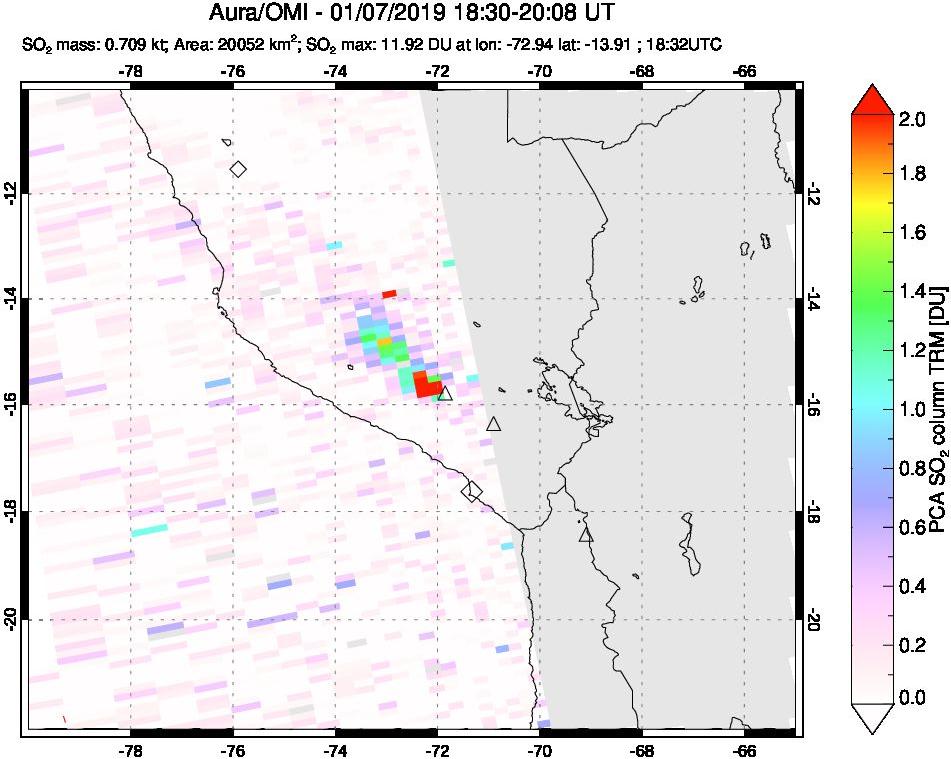 A sulfur dioxide image over Peru on Jan 07, 2019.