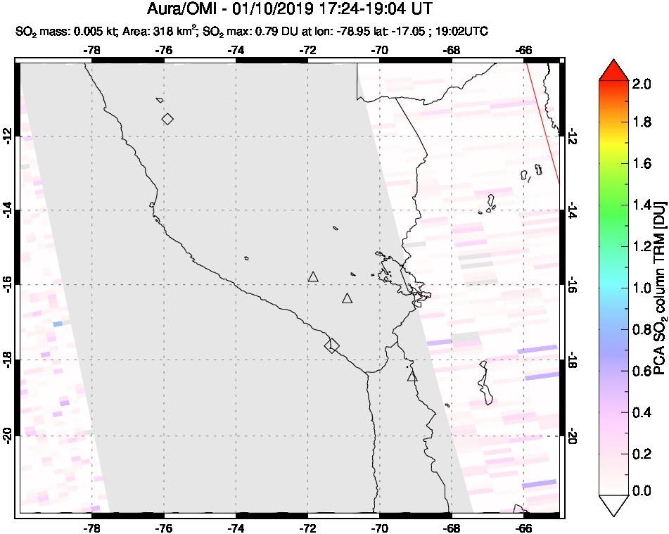 A sulfur dioxide image over Peru on Jan 10, 2019.