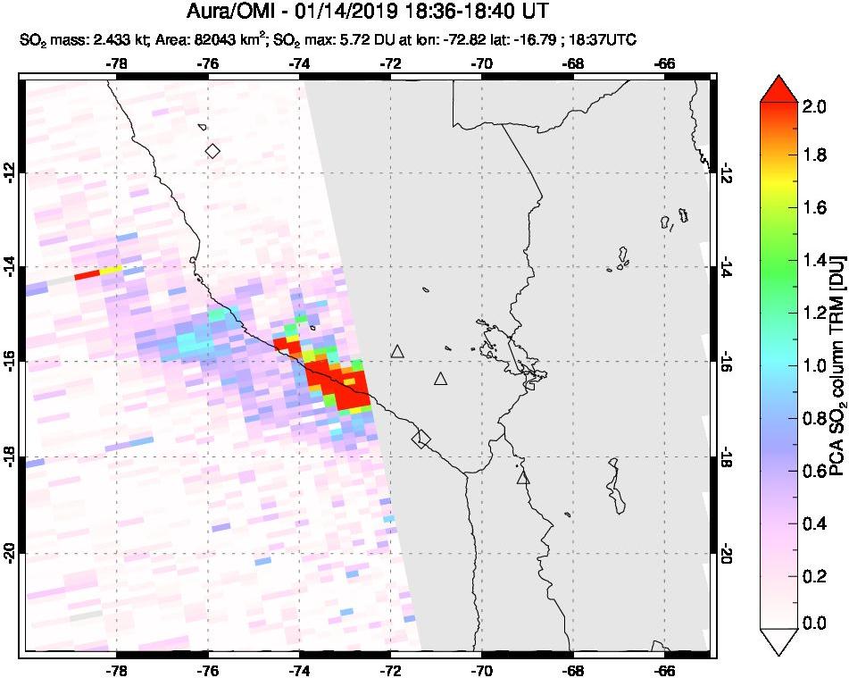A sulfur dioxide image over Peru on Jan 14, 2019.