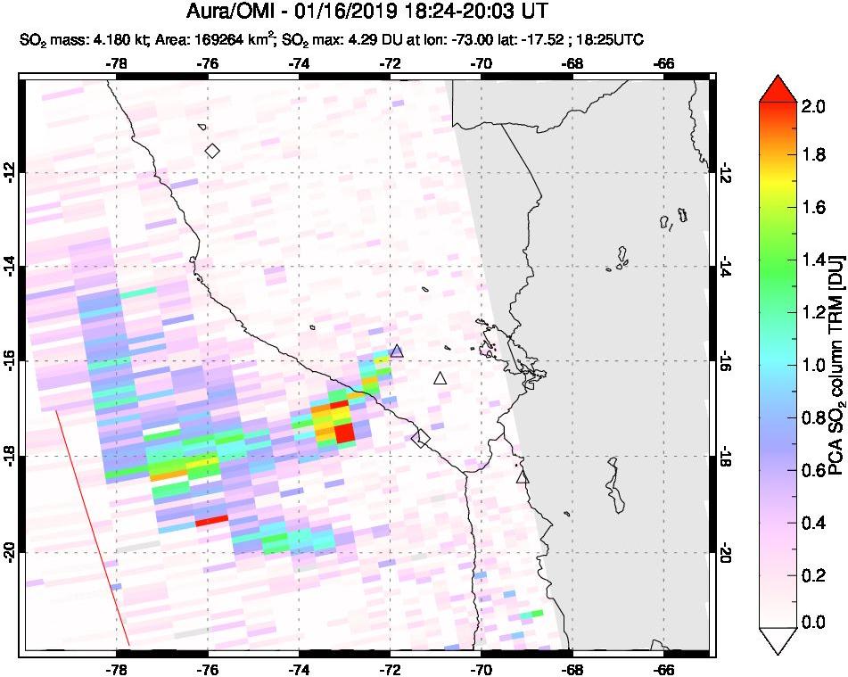 A sulfur dioxide image over Peru on Jan 16, 2019.