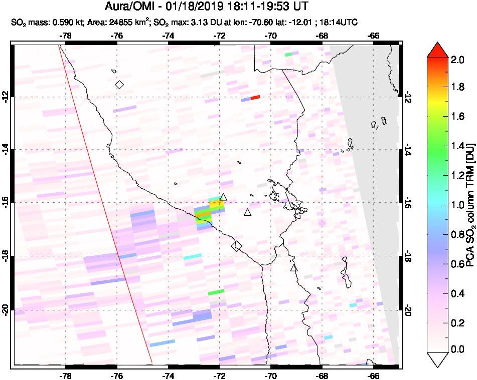 A sulfur dioxide image over Peru on Jan 18, 2019.