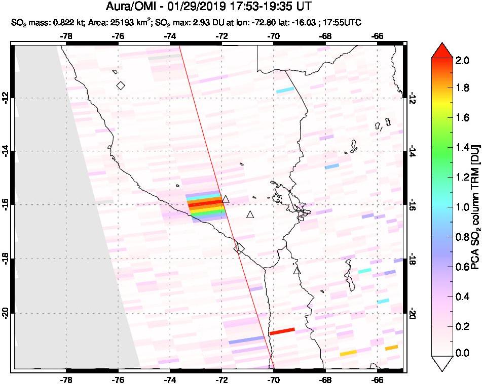 A sulfur dioxide image over Peru on Jan 29, 2019.