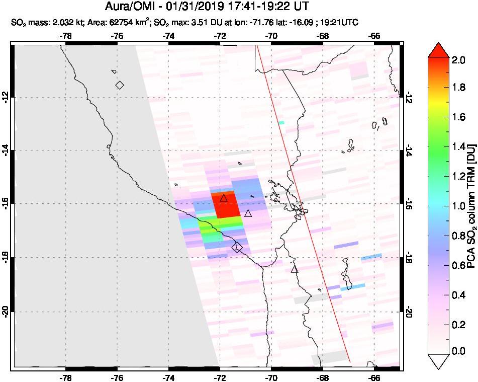 A sulfur dioxide image over Peru on Jan 31, 2019.