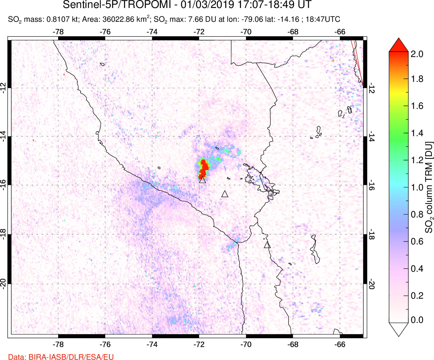 A sulfur dioxide image over Peru on Jan 03, 2019.