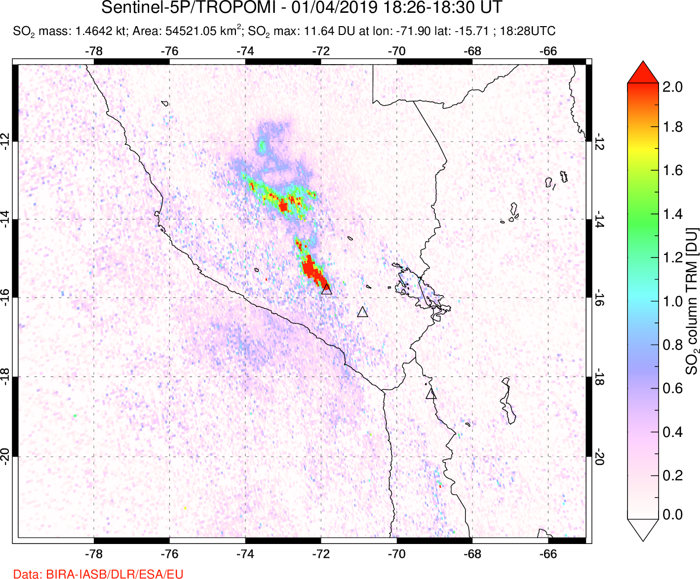 A sulfur dioxide image over Peru on Jan 04, 2019.