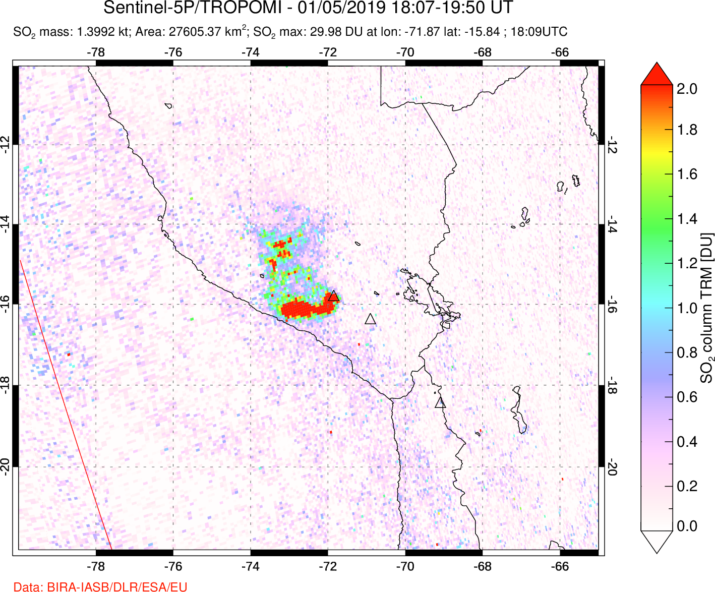 A sulfur dioxide image over Peru on Jan 05, 2019.