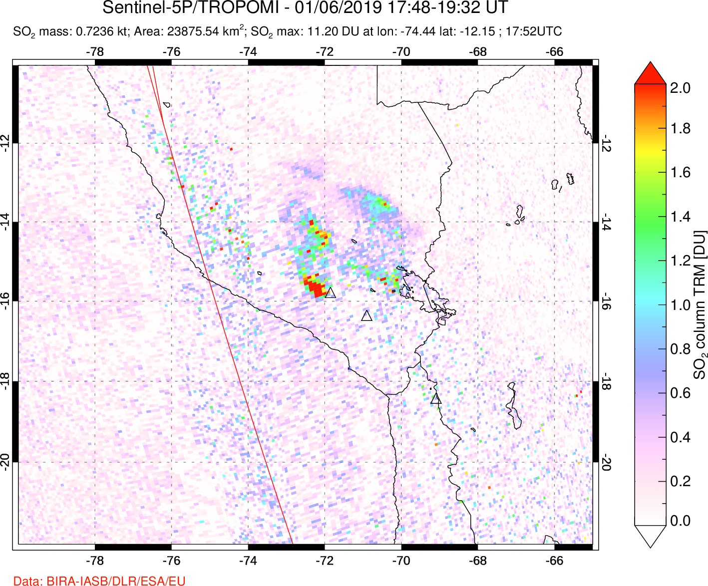 A sulfur dioxide image over Peru on Jan 06, 2019.