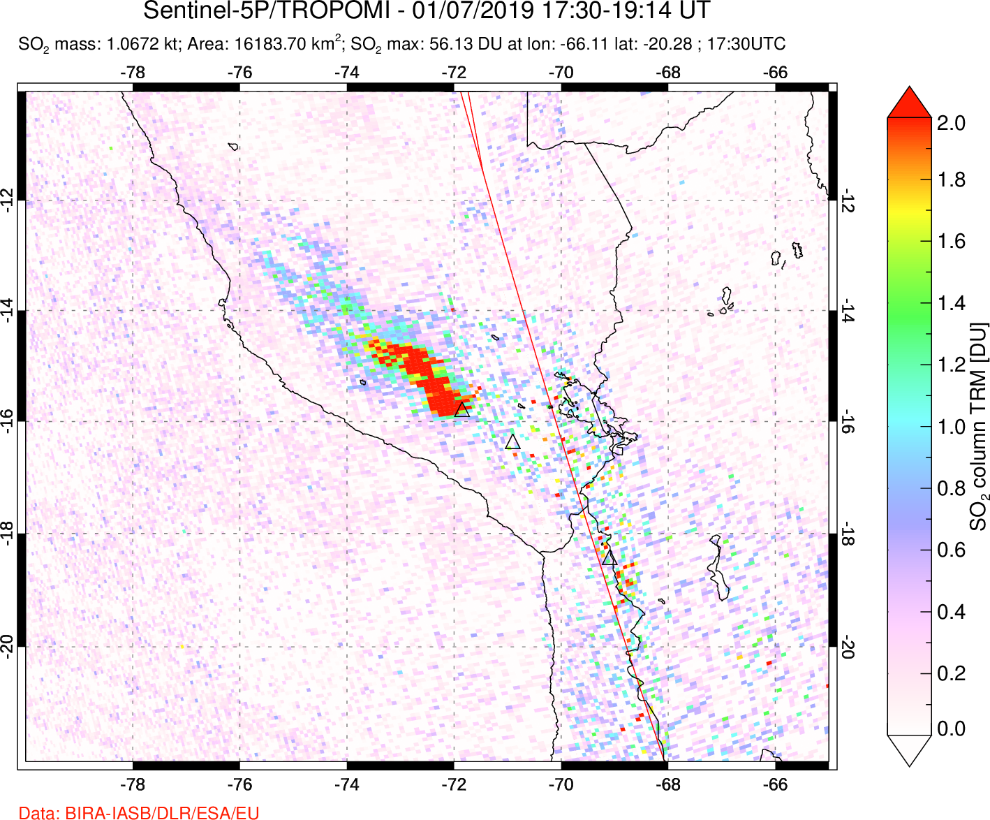 A sulfur dioxide image over Peru on Jan 07, 2019.
