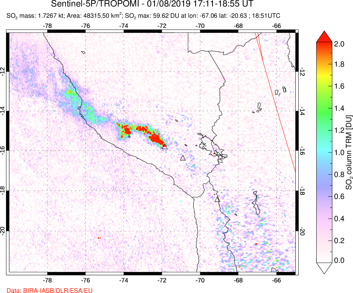 A sulfur dioxide image over Peru on Jan 08, 2019.