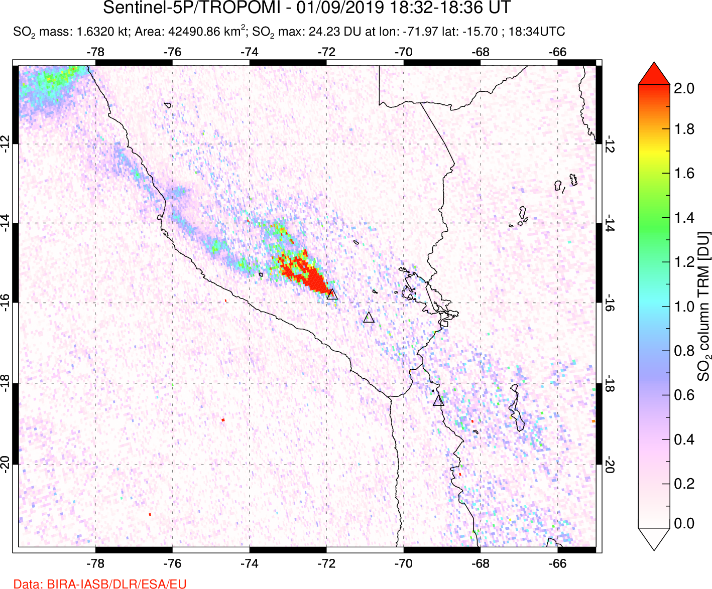 A sulfur dioxide image over Peru on Jan 09, 2019.