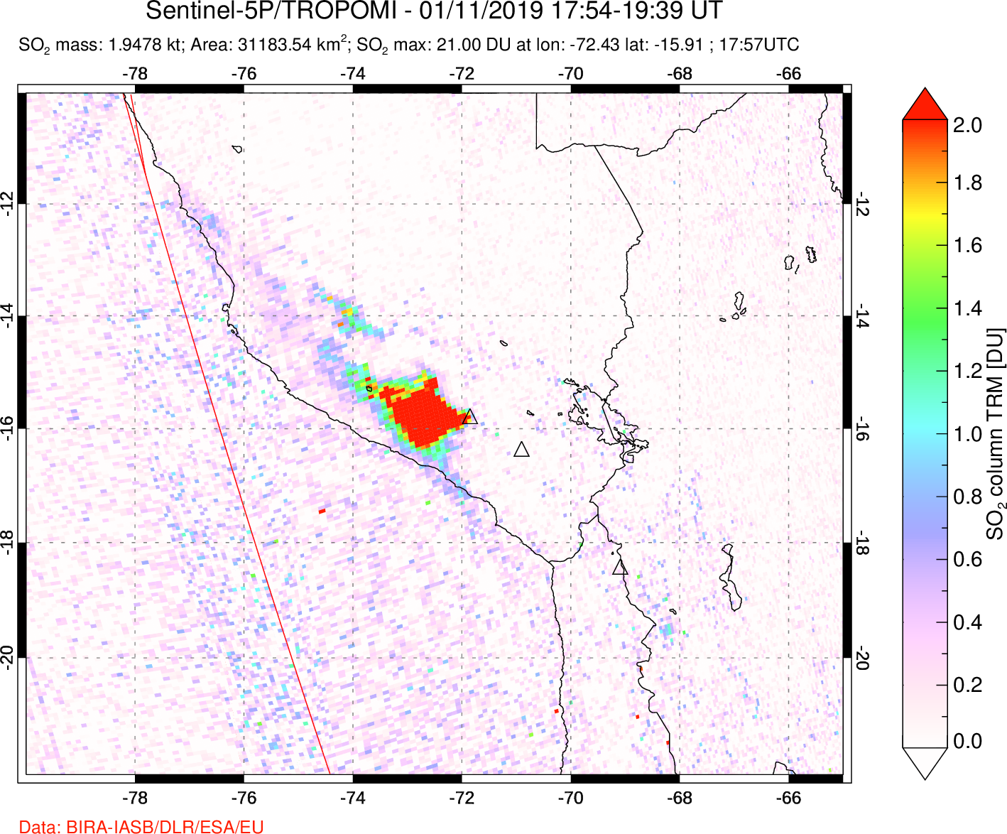 A sulfur dioxide image over Peru on Jan 11, 2019.