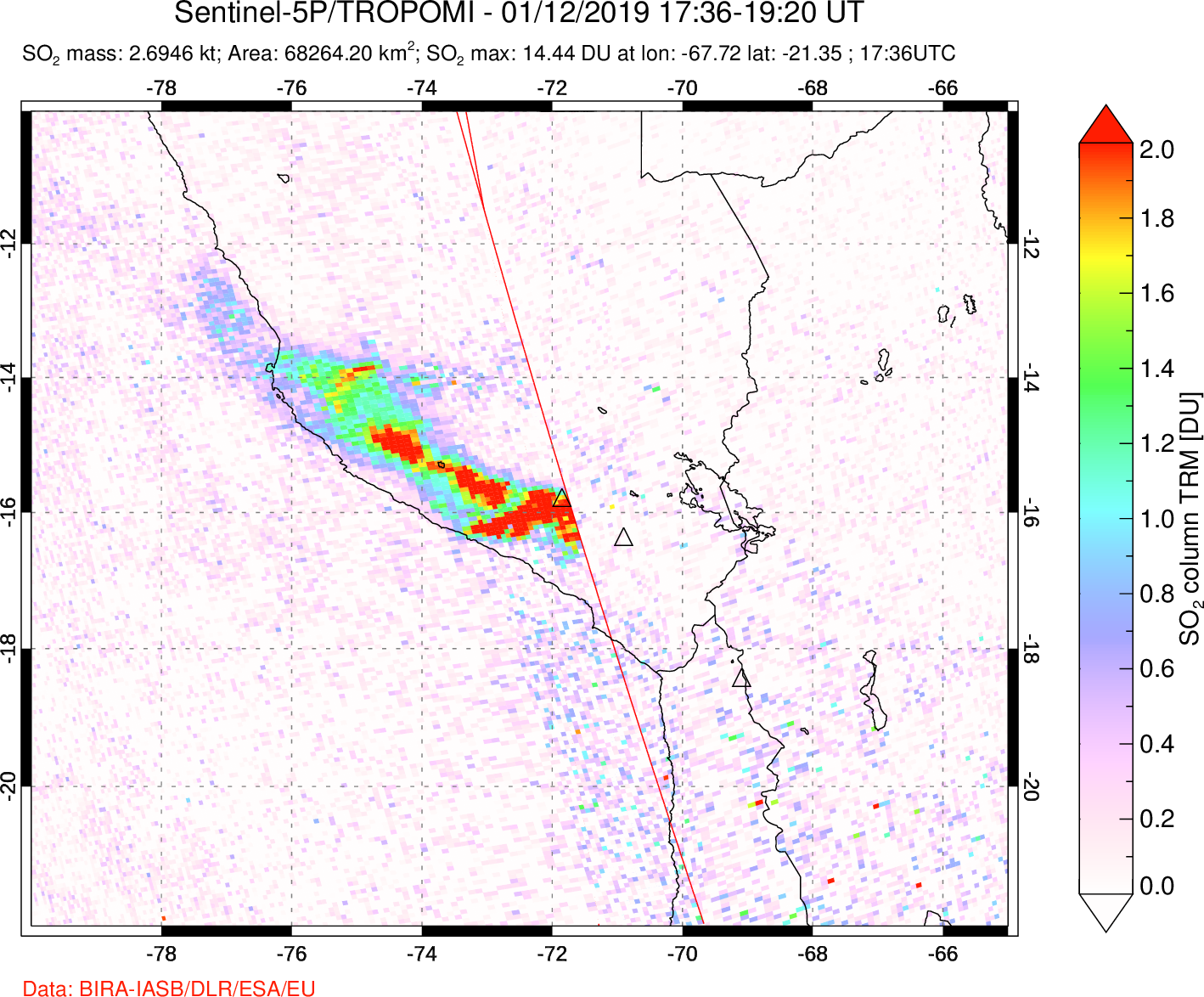 A sulfur dioxide image over Peru on Jan 12, 2019.