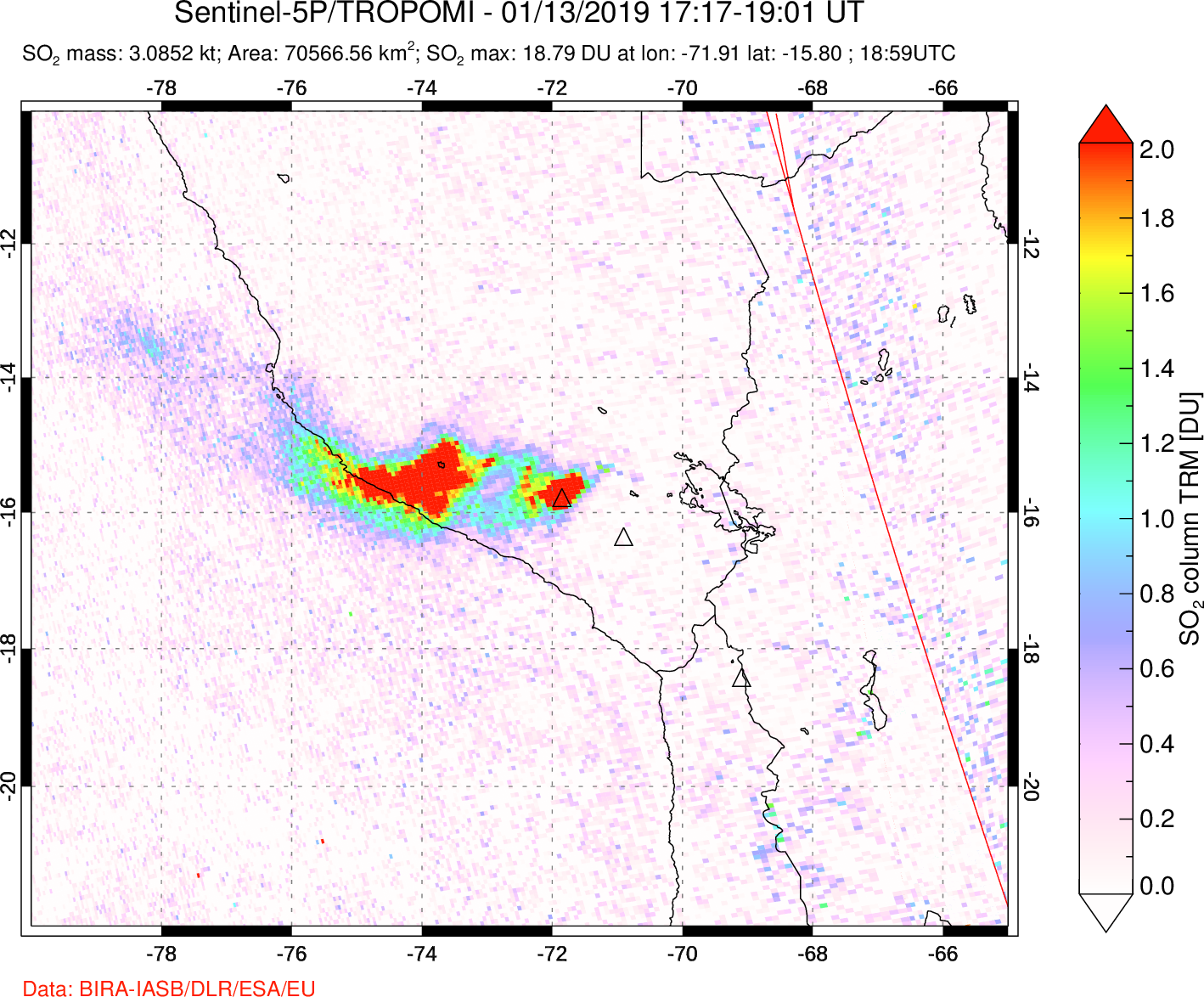 A sulfur dioxide image over Peru on Jan 13, 2019.