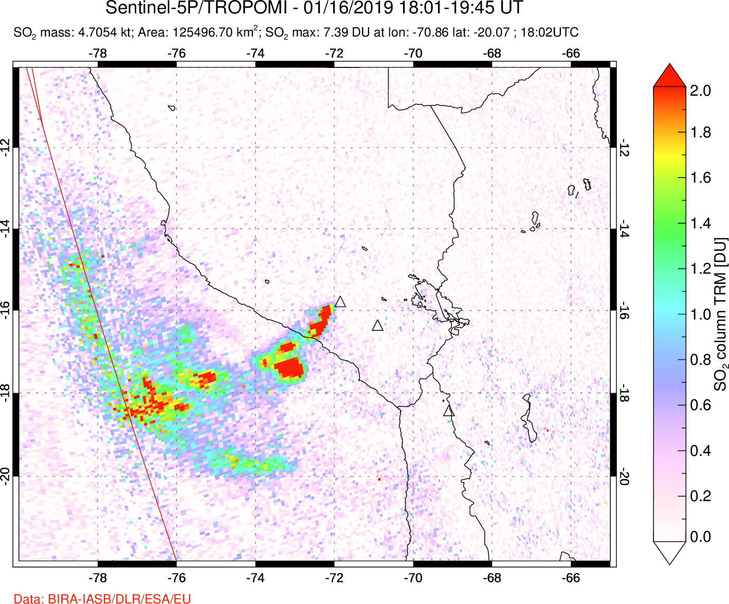 A sulfur dioxide image over Peru on Jan 16, 2019.