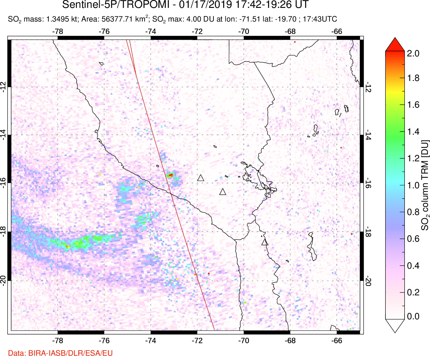 A sulfur dioxide image over Peru on Jan 17, 2019.