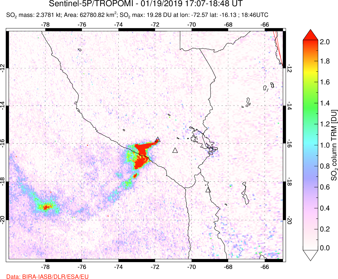 A sulfur dioxide image over Peru on Jan 19, 2019.