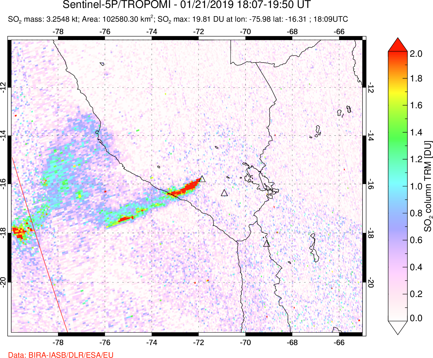 A sulfur dioxide image over Peru on Jan 21, 2019.
