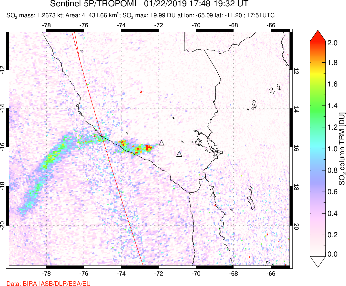 A sulfur dioxide image over Peru on Jan 22, 2019.
