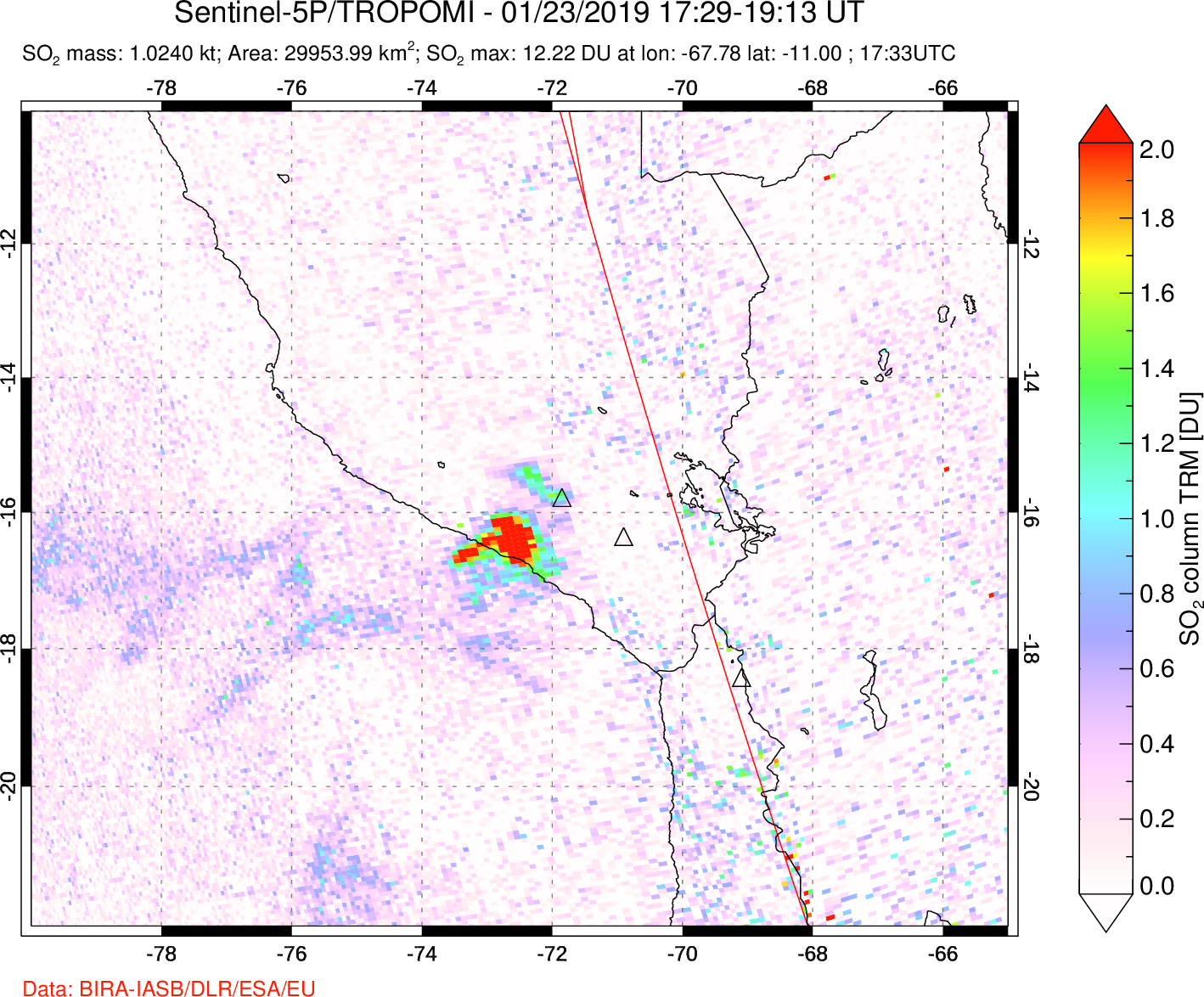 A sulfur dioxide image over Peru on Jan 23, 2019.