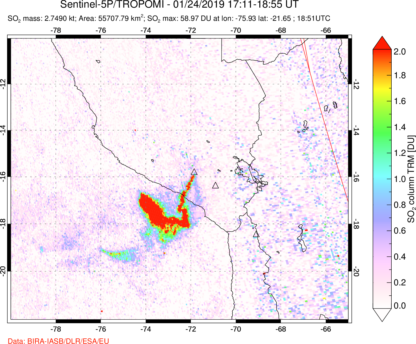 A sulfur dioxide image over Peru on Jan 24, 2019.
