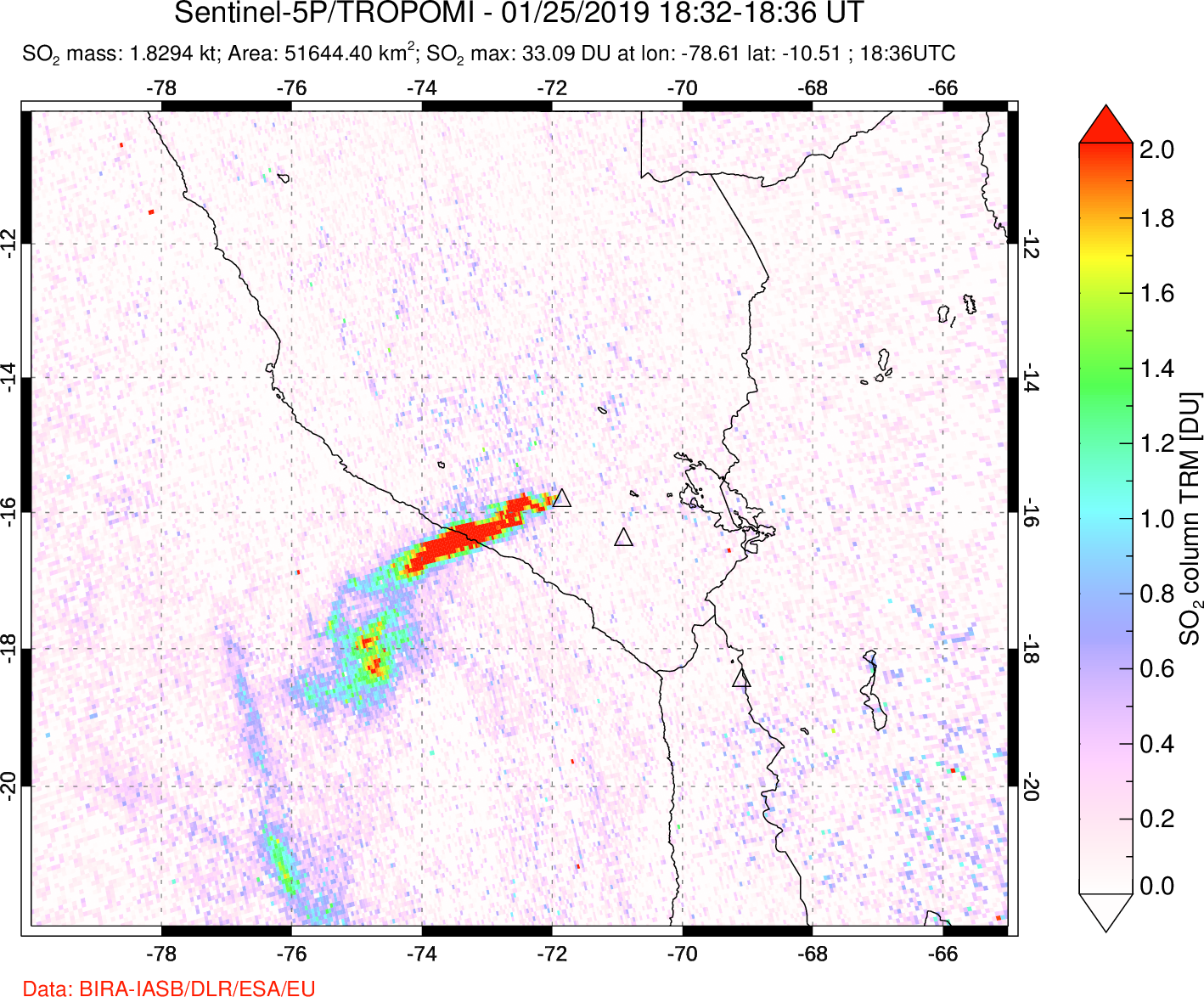 A sulfur dioxide image over Peru on Jan 25, 2019.