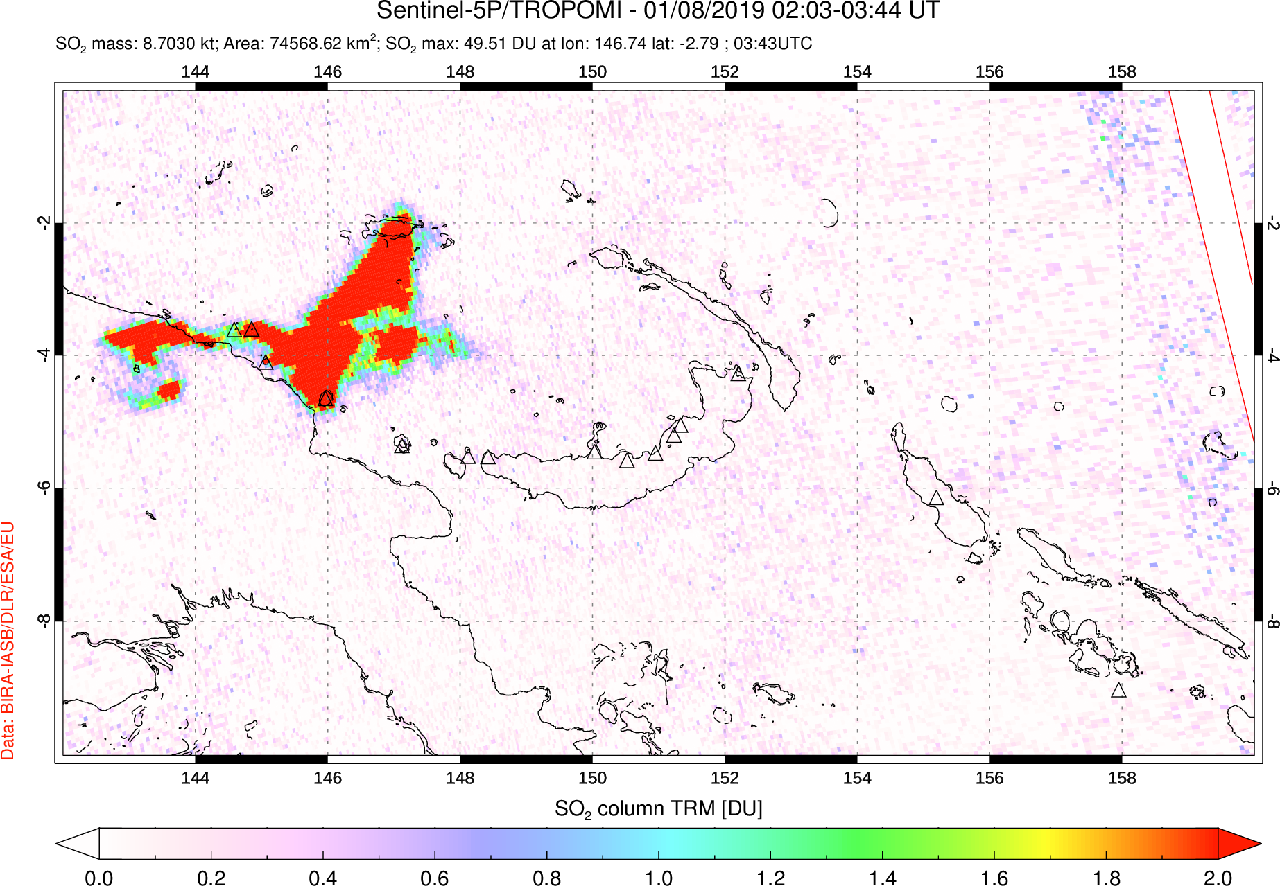 A sulfur dioxide image over Papua, New Guinea on Jan 08, 2019.