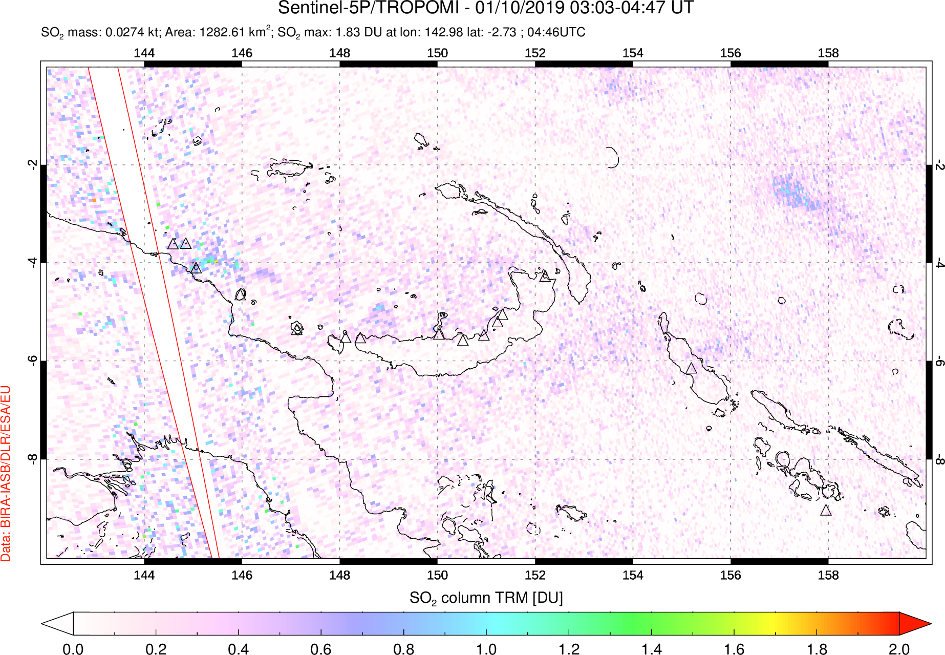 A sulfur dioxide image over Papua, New Guinea on Jan 10, 2019.