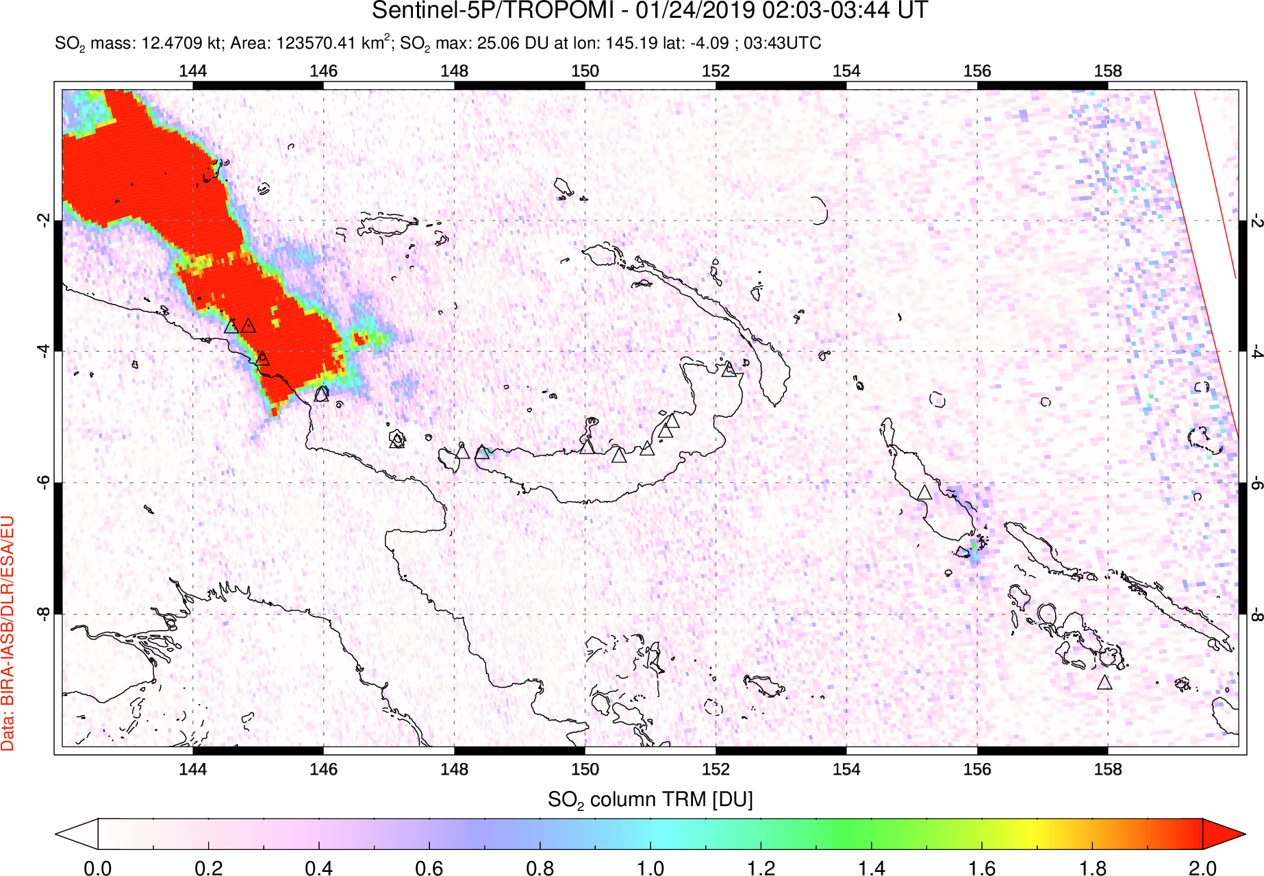 A sulfur dioxide image over Papua, New Guinea on Jan 24, 2019.