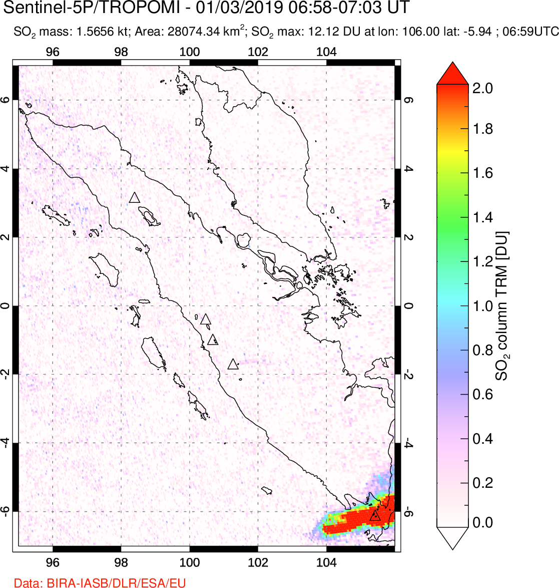 A sulfur dioxide image over Sumatra, Indonesia on Jan 03, 2019.