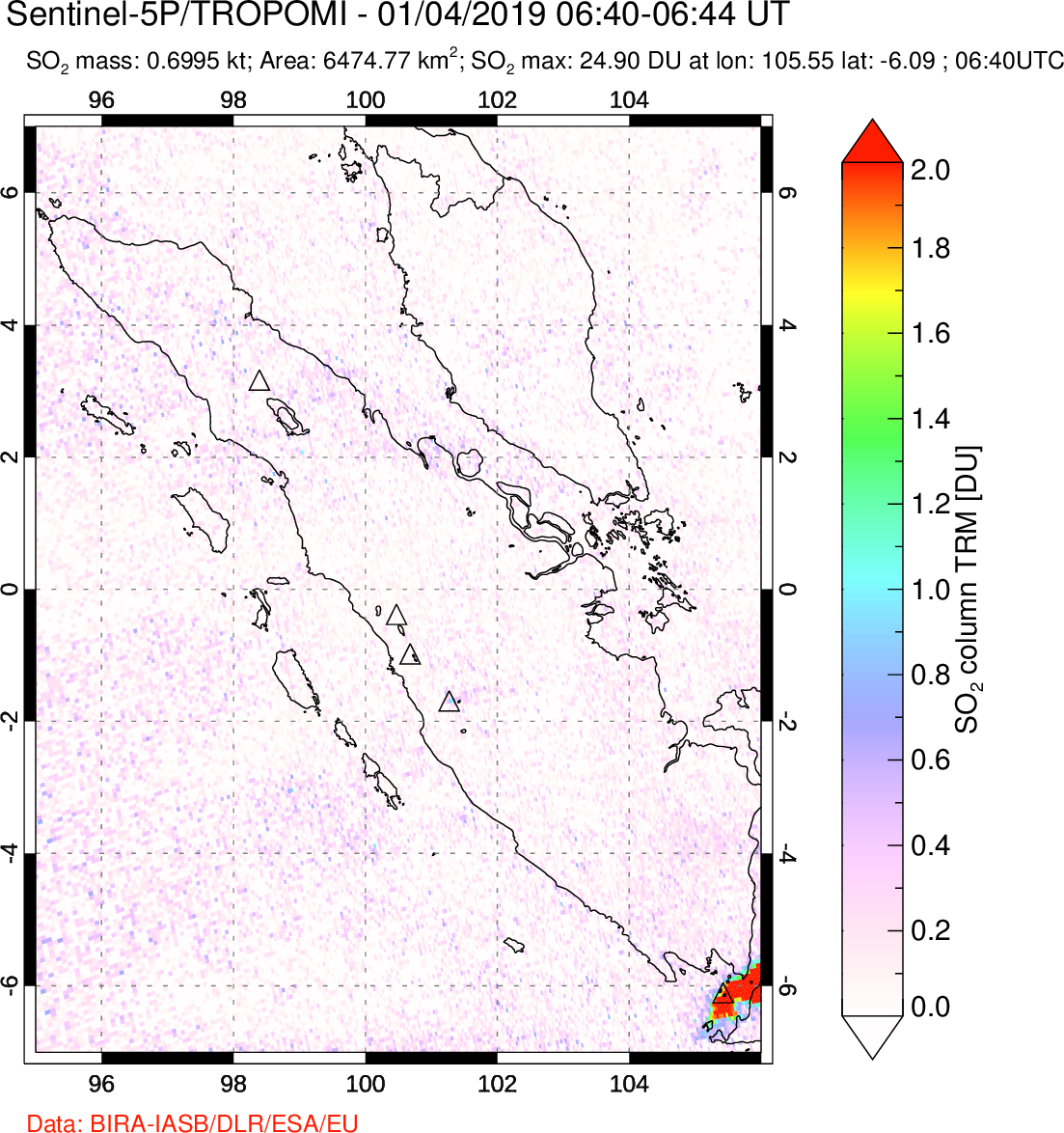A sulfur dioxide image over Sumatra, Indonesia on Jan 04, 2019.
