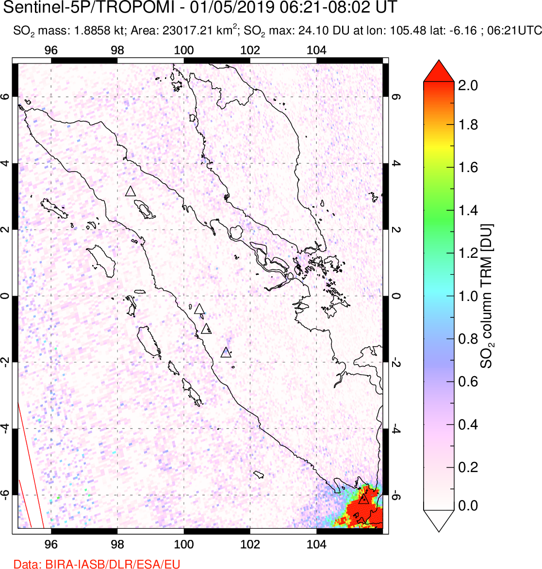 A sulfur dioxide image over Sumatra, Indonesia on Jan 05, 2019.