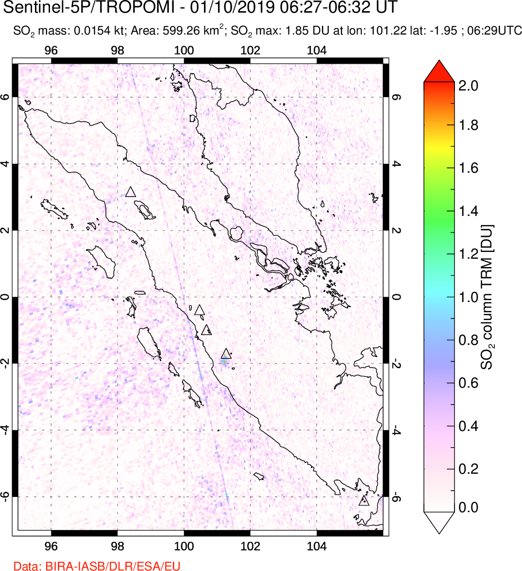 A sulfur dioxide image over Sumatra, Indonesia on Jan 10, 2019.