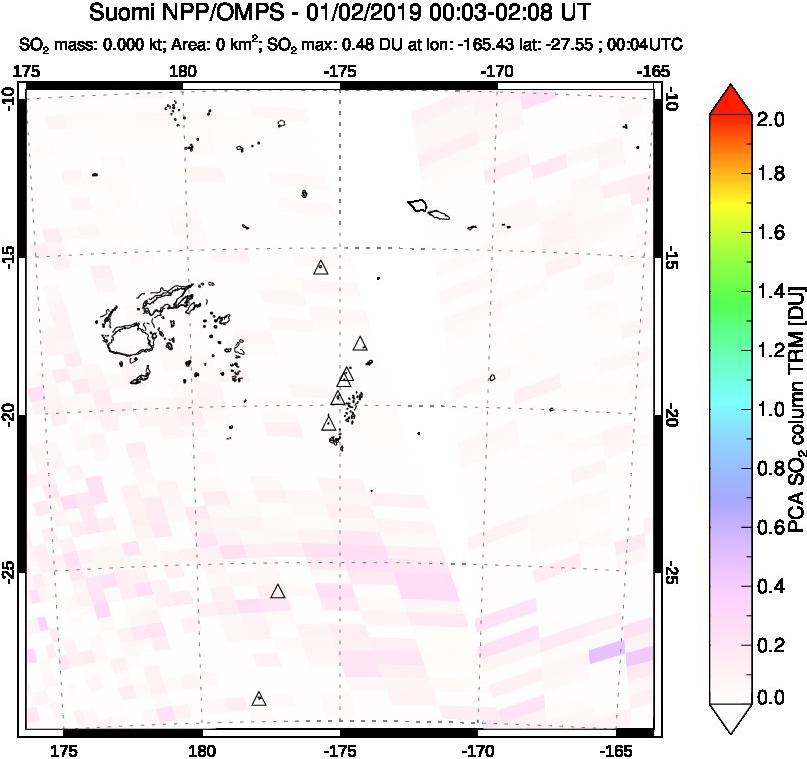 A sulfur dioxide image over Tonga, South Pacific on Jan 02, 2019.