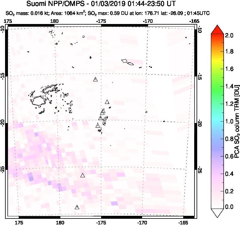 A sulfur dioxide image over Tonga, South Pacific on Jan 03, 2019.