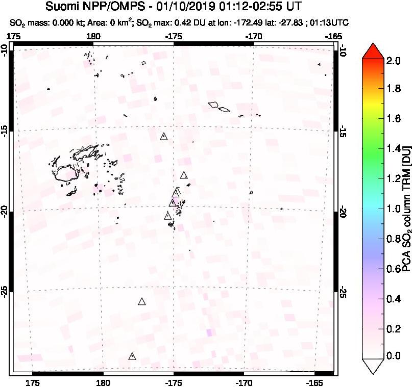 A sulfur dioxide image over Tonga, South Pacific on Jan 10, 2019.