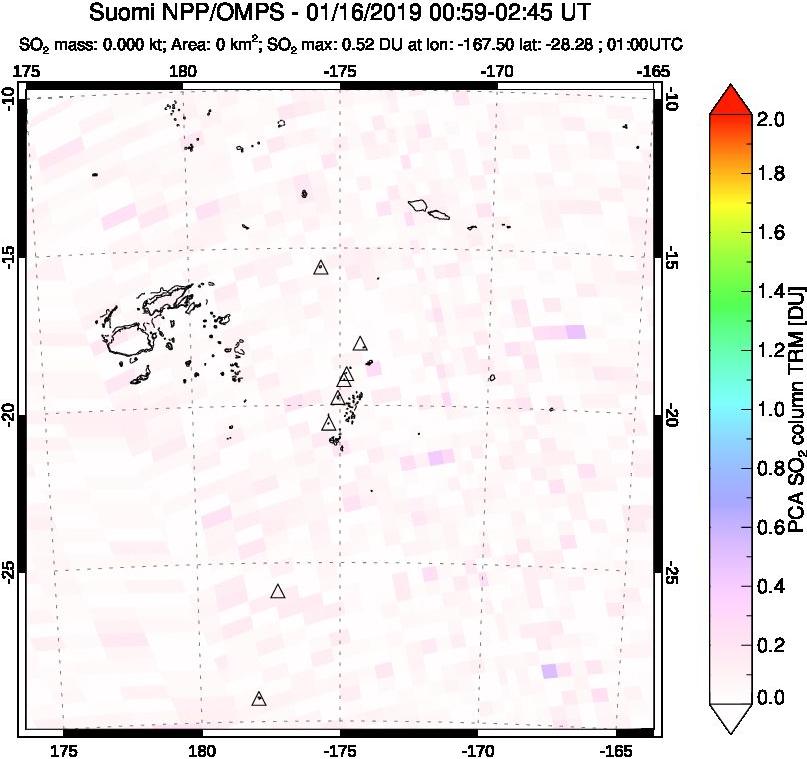 A sulfur dioxide image over Tonga, South Pacific on Jan 16, 2019.