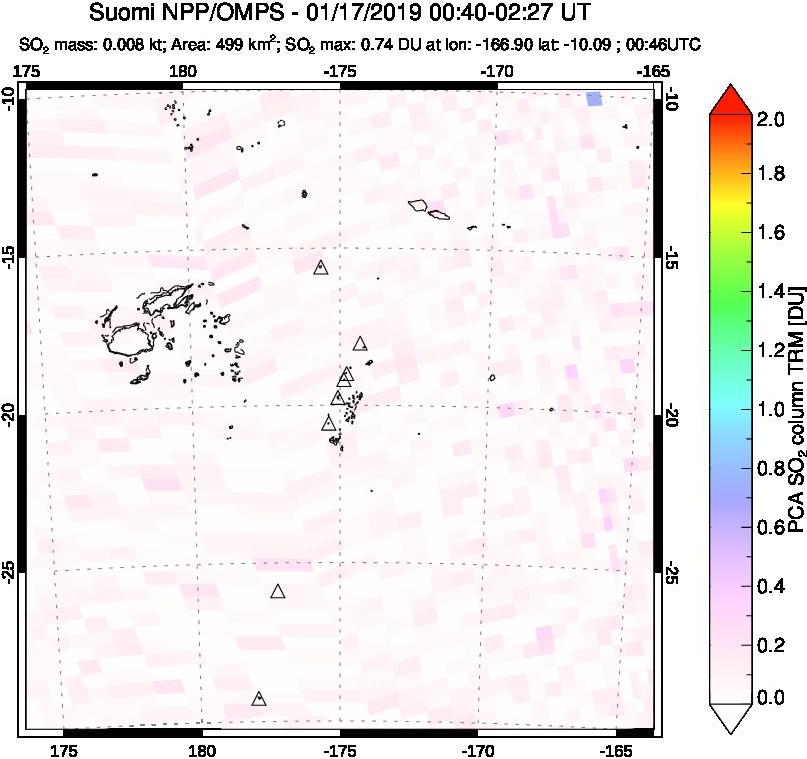 A sulfur dioxide image over Tonga, South Pacific on Jan 17, 2019.