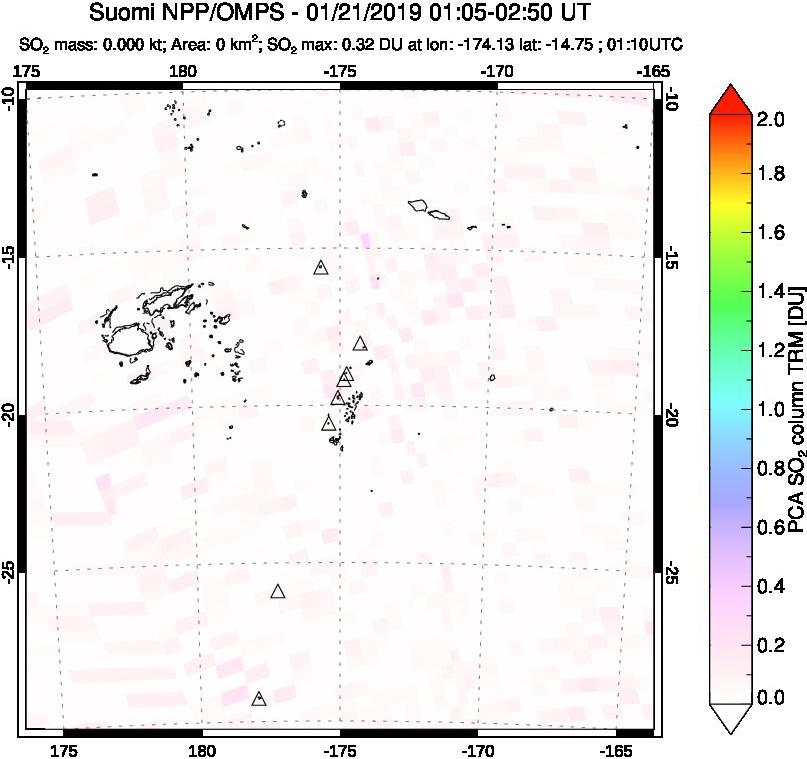 A sulfur dioxide image over Tonga, South Pacific on Jan 21, 2019.