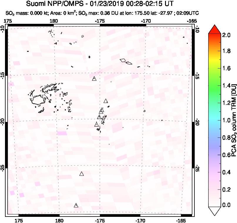 A sulfur dioxide image over Tonga, South Pacific on Jan 23, 2019.