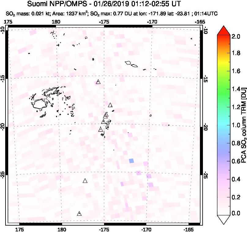 A sulfur dioxide image over Tonga, South Pacific on Jan 26, 2019.