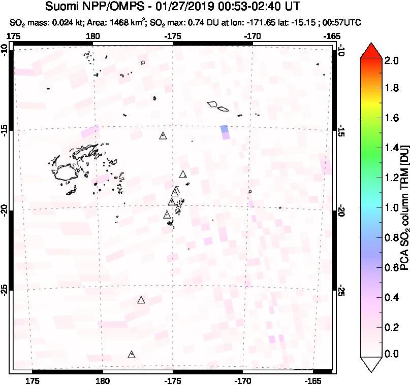 A sulfur dioxide image over Tonga, South Pacific on Jan 27, 2019.