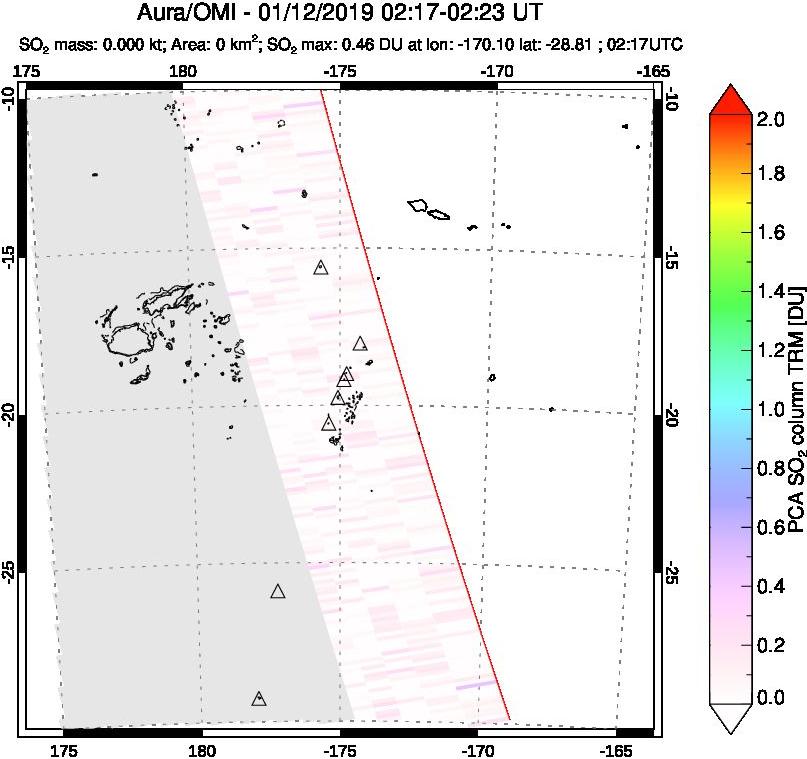 A sulfur dioxide image over Tonga, South Pacific on Jan 12, 2019.