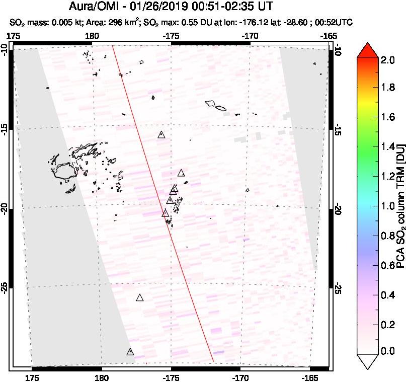 A sulfur dioxide image over Tonga, South Pacific on Jan 26, 2019.