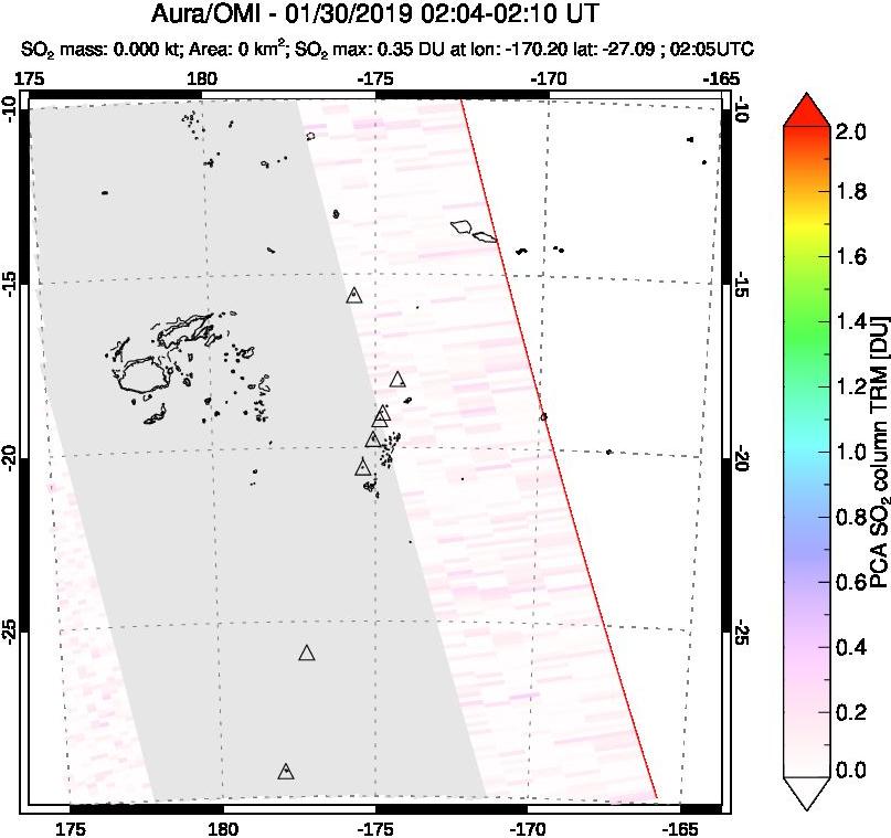 A sulfur dioxide image over Tonga, South Pacific on Jan 30, 2019.
