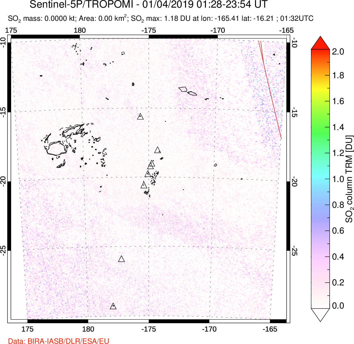 A sulfur dioxide image over Tonga, South Pacific on Jan 04, 2019.