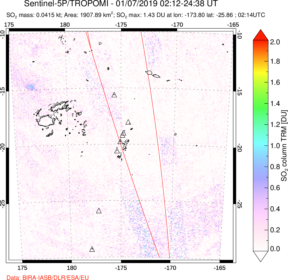 A sulfur dioxide image over Tonga, South Pacific on Jan 07, 2019.
