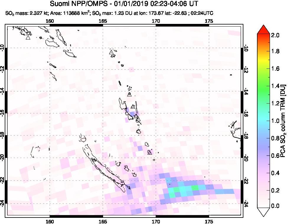 A sulfur dioxide image over Vanuatu, South Pacific on Jan 01, 2019.
