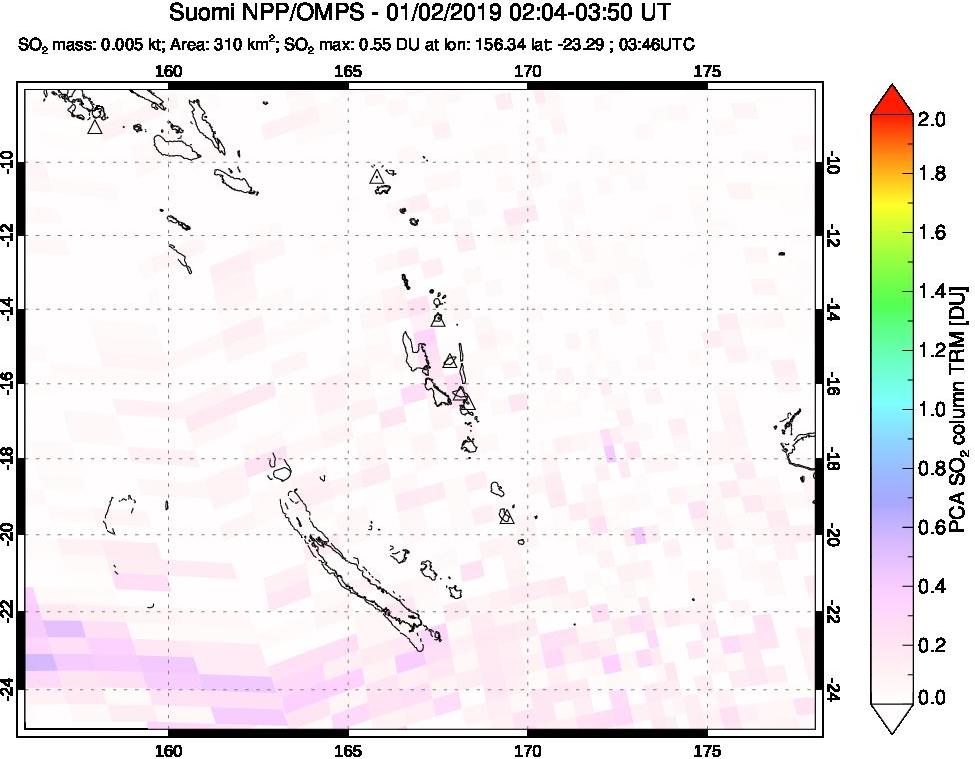 A sulfur dioxide image over Vanuatu, South Pacific on Jan 02, 2019.