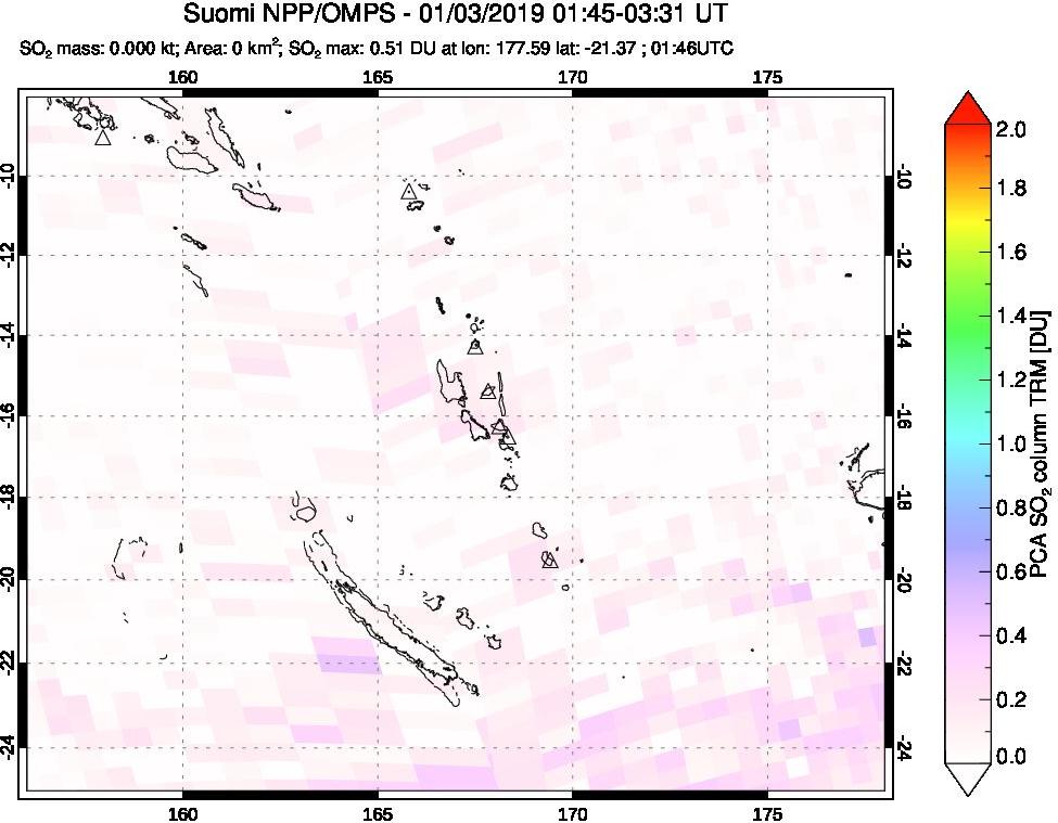 A sulfur dioxide image over Vanuatu, South Pacific on Jan 03, 2019.